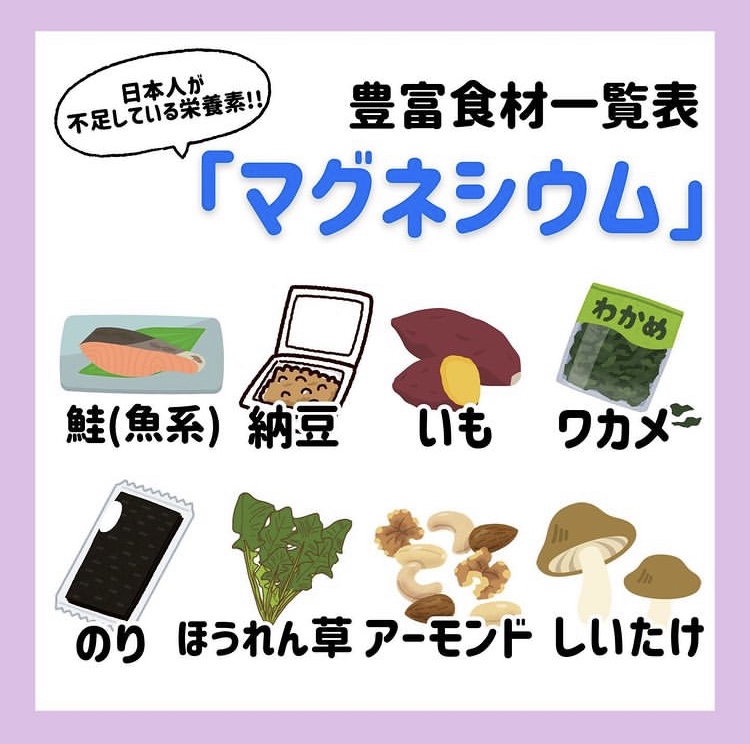 日本人が不足しているいる栄養素！豊富食材一覧表「マグネシウム」
鮭、納豆、芋、わかめ